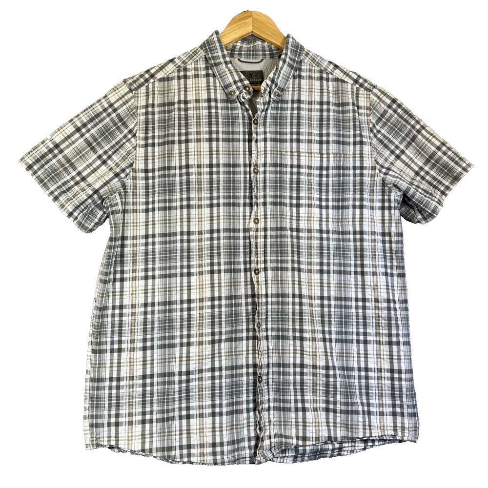 Royal Robbins Shirt Mens Large Gray White Plaid Cotton Outdoor Hiking Button Up